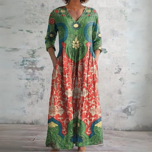 Ella - Boho Women's Linen Maxi Dress with V-Neck and Ethnic Floral Print