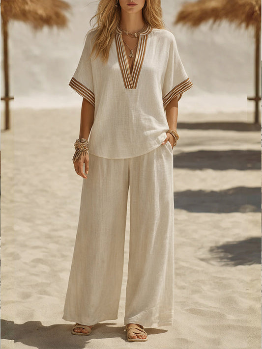 Ella - Boho Women's Linen Set with V-Neck Striped Trim and Wide Leg Trousers