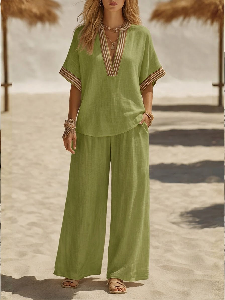 Ella - Boho Women's Linen Set with V-Neck Striped Trim and Wide Leg Trousers