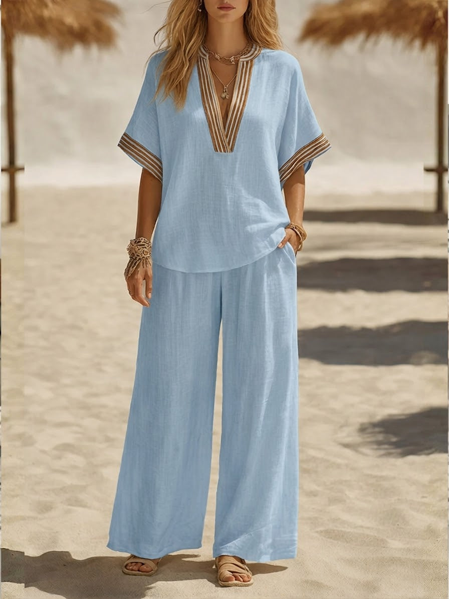 Ella - Boho Women's Linen Set with V-Neck Striped Trim and Wide Leg Trousers