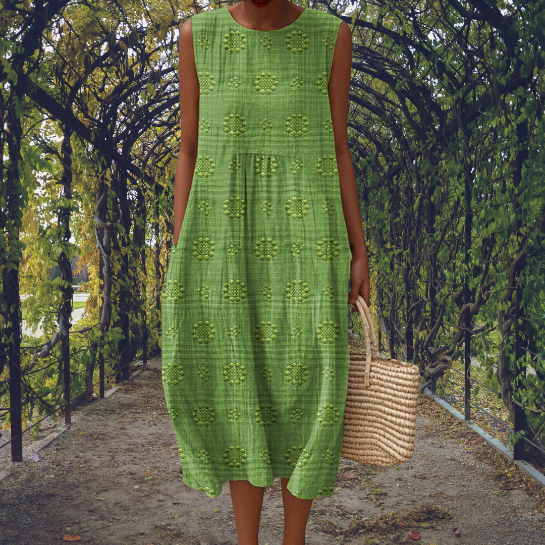 Ella - Casual Women's Linen Maxi Dress with Textured Print and Side Pockets