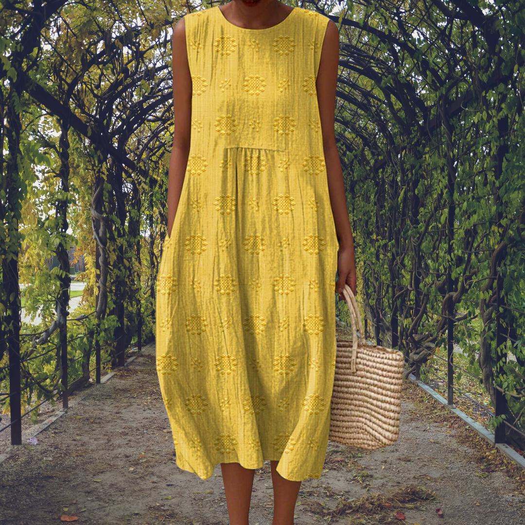Ella - Casual Women's Linen Maxi Dress with Textured Print and Side Pockets