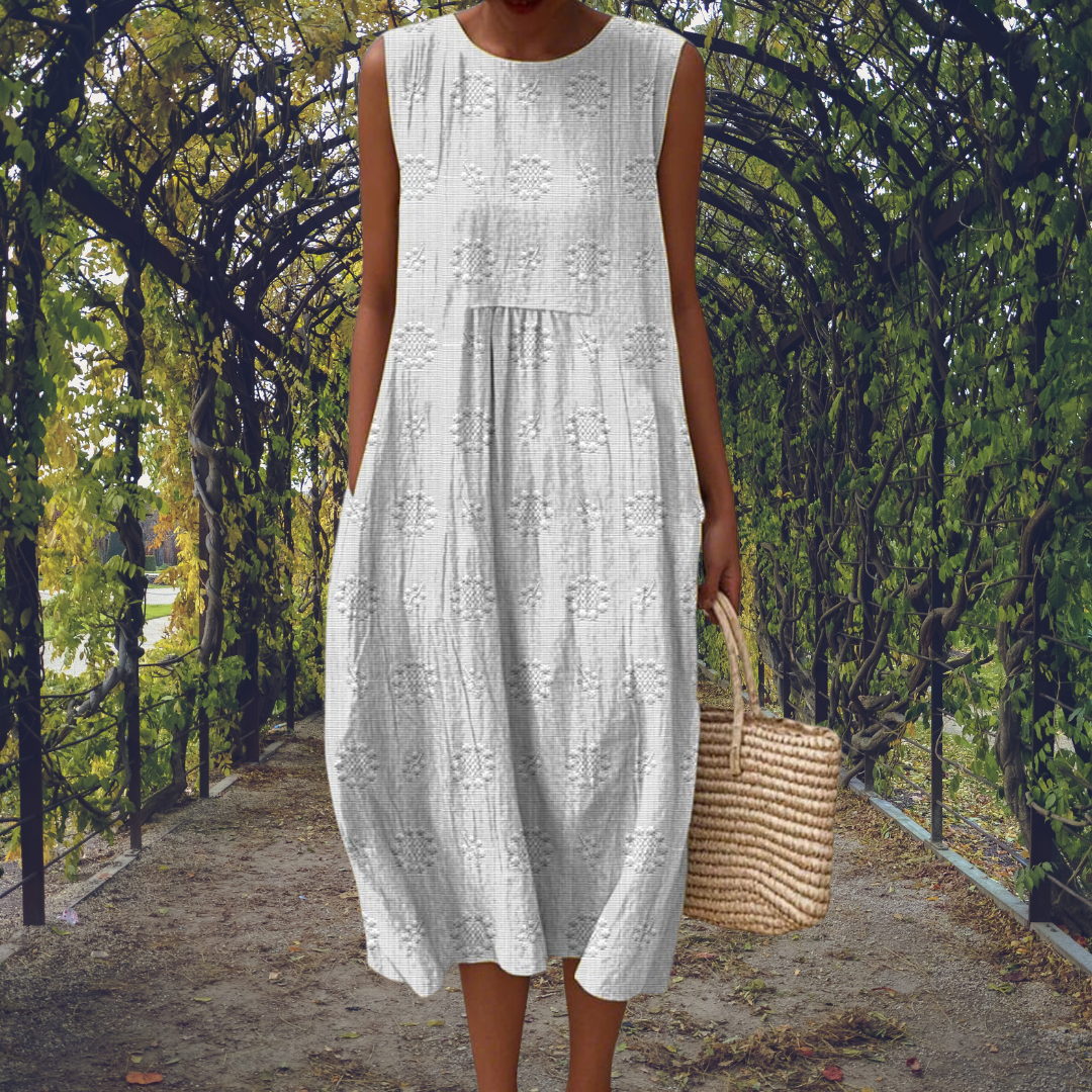 Ella - Casual Women's Linen Maxi Dress with Textured Print and Side Pockets