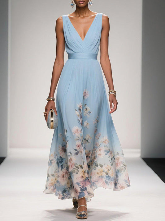 Ella - Elegant Women's Wedding Guest Maxi Dress with V-Neck and Floral Hem