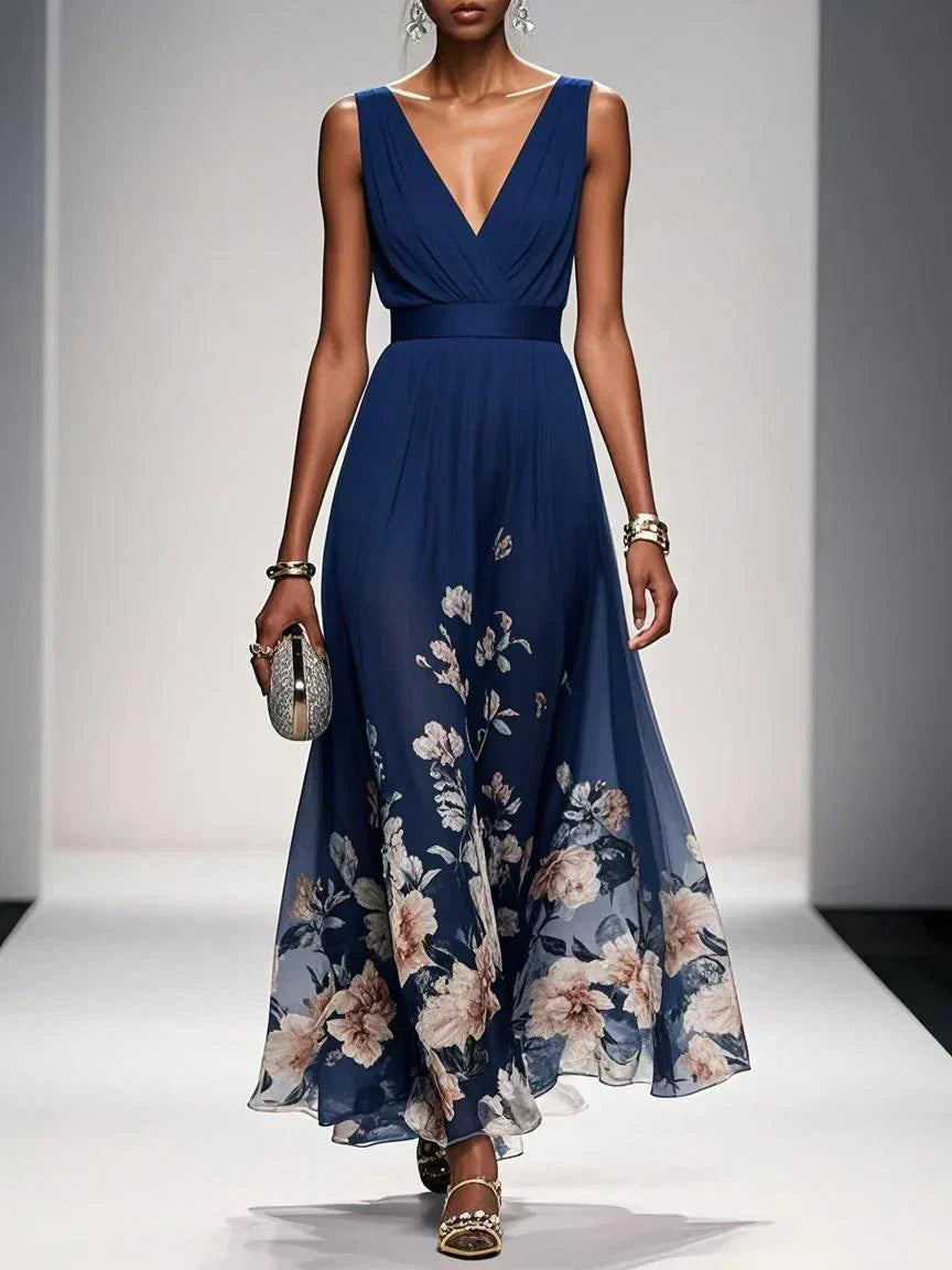 Ella - Elegant Women's Wedding Guest Maxi Dress with V-Neck and Floral Hem