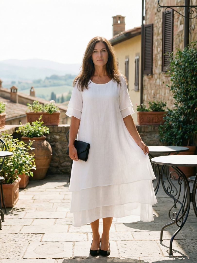 Ella - Flowy Women's Wedding Guest Dress with Round Neckline and Tiered Hem