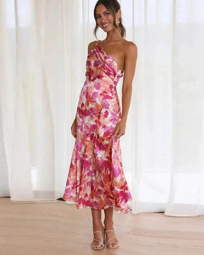Ella - Flowy Women's Wedding Guest Midi Dress with One Shoulder and Floral Print