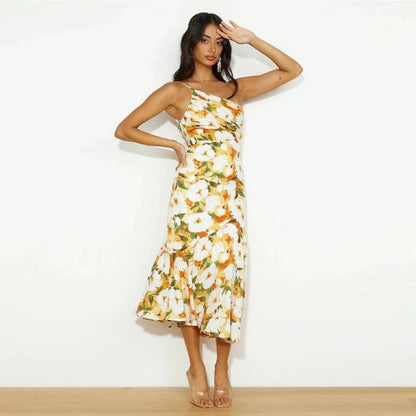 Ella - Flowy Women's Wedding Guest Midi Dress with One Shoulder and Floral Print