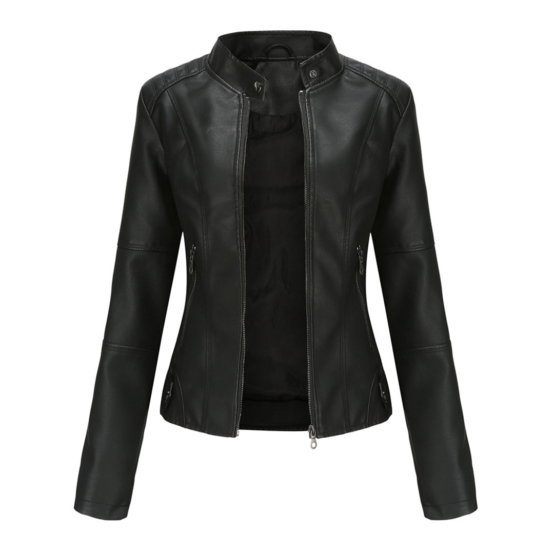 Ella - Women's Leather Style Biker Jacket for Autumn with Zip Pockets