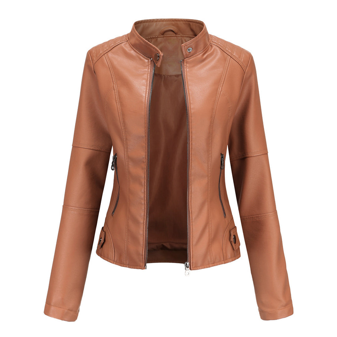 Ella - Women's Leather Style Biker Jacket for Autumn with Zip Pockets