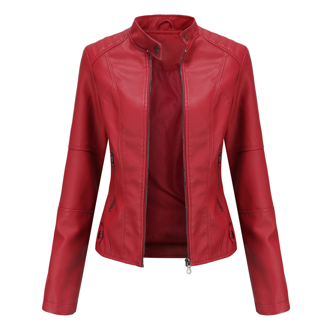 Ella - Women's Leather Style Biker Jacket for Autumn with Zip Pockets