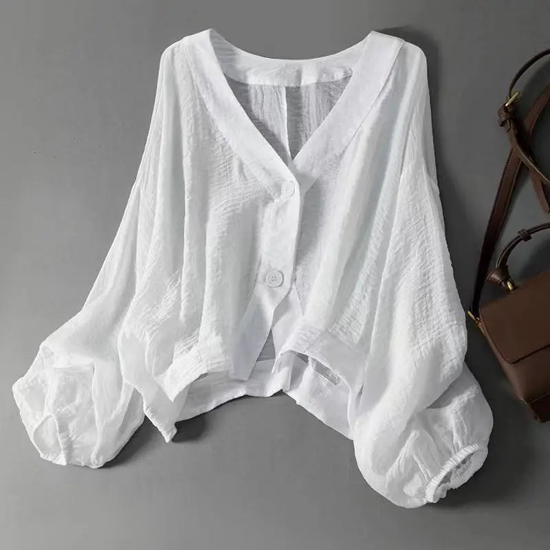 Emily - Casual Women's Linen Blouse with V-Neck and Lantern Sleeves