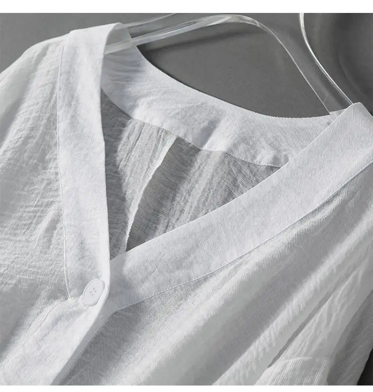 Emily - Casual Women's Linen Blouse with V-Neck and Lantern Sleeves