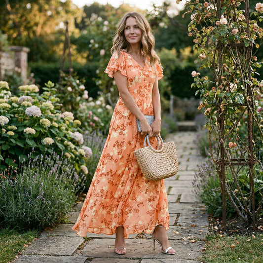 Emily - Vintage Women's Maxi Dress with Flutter Sleeves and Flowing Skirt