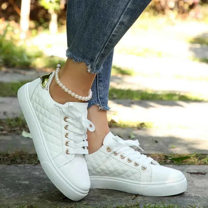 Evie - Casual Women's Trainers with Quilted Panel and Gold Eyelet Lace-Up