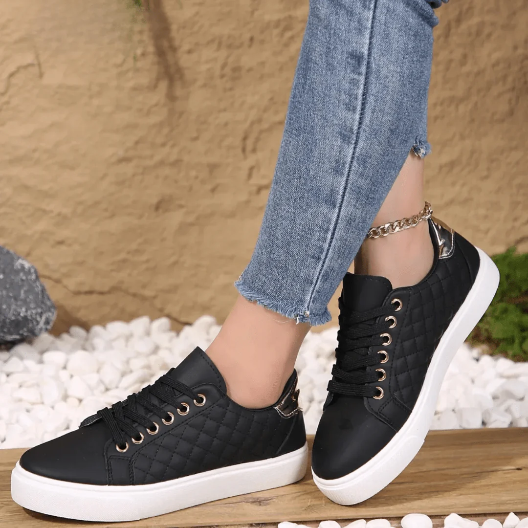 Evie - Casual Women's Trainers with Quilted Panel and Gold Eyelet Lace-Up
