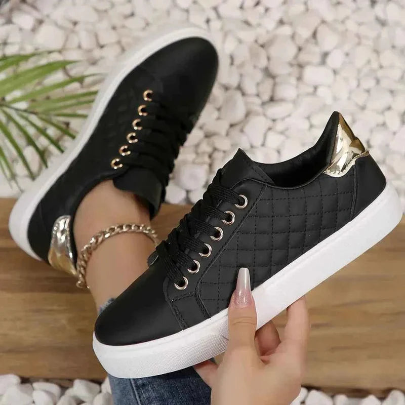 Evie - Casual Women's Trainers with Quilted Panel and Gold Eyelet Lace-Up