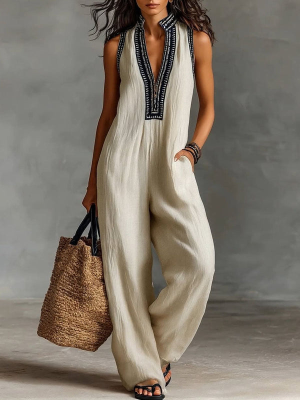 Evie - Boho Women's Linen Jumpsuit with Striped Trim and Wide Legs