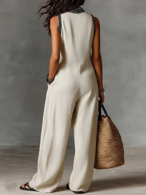 Evie - Boho Women's Linen Jumpsuit with Striped Trim and Wide Legs