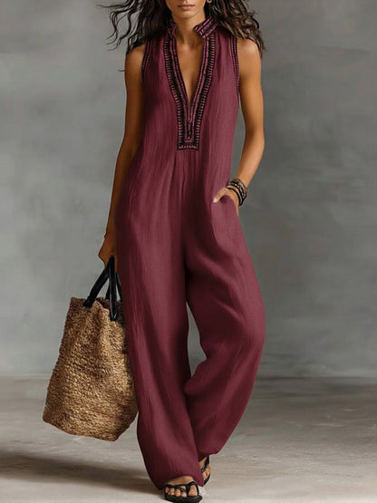 Evie - Boho Women's Linen Jumpsuit with Striped Trim and Wide Legs