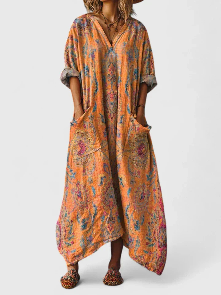 Evie - Boho Women's Linen Maxi Dress with Long Sleeves and Deep Pockets