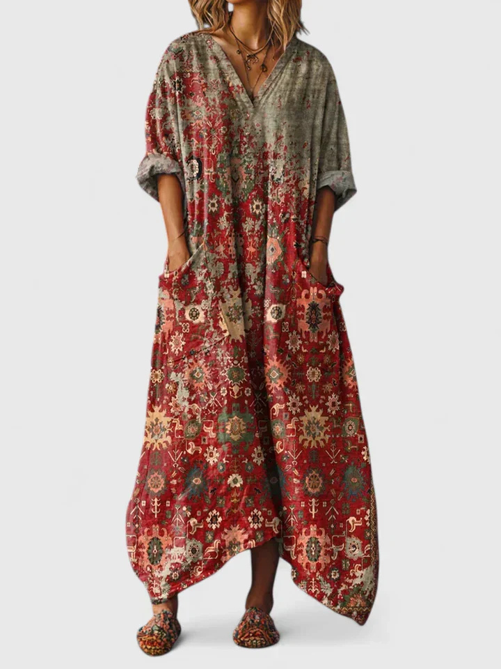 Evie - Boho Women's Linen Maxi Dress with Long Sleeves and Deep Pockets