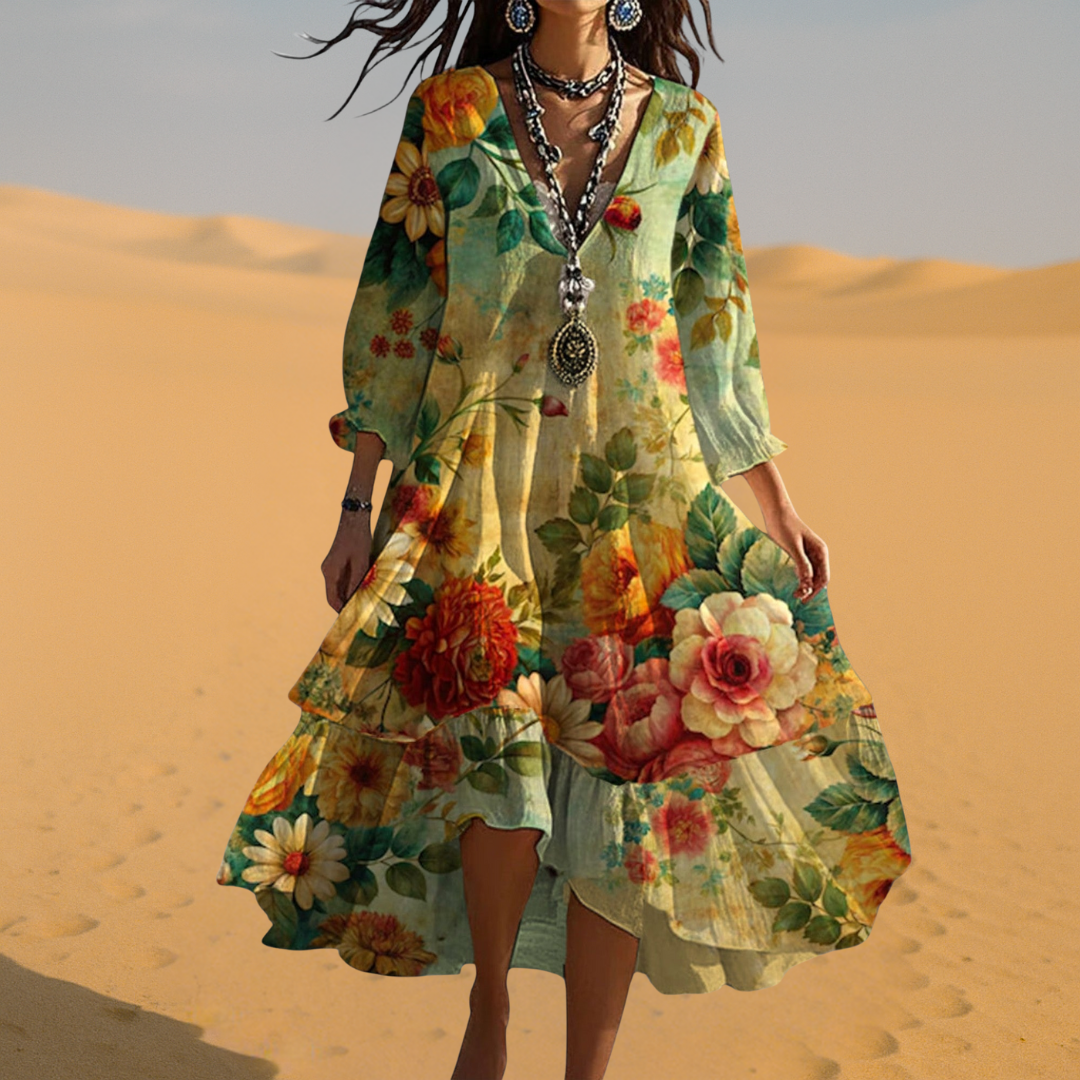 Evie - Boho Women's Maxi Dress with Long Sleeves and Asymmetric Hem