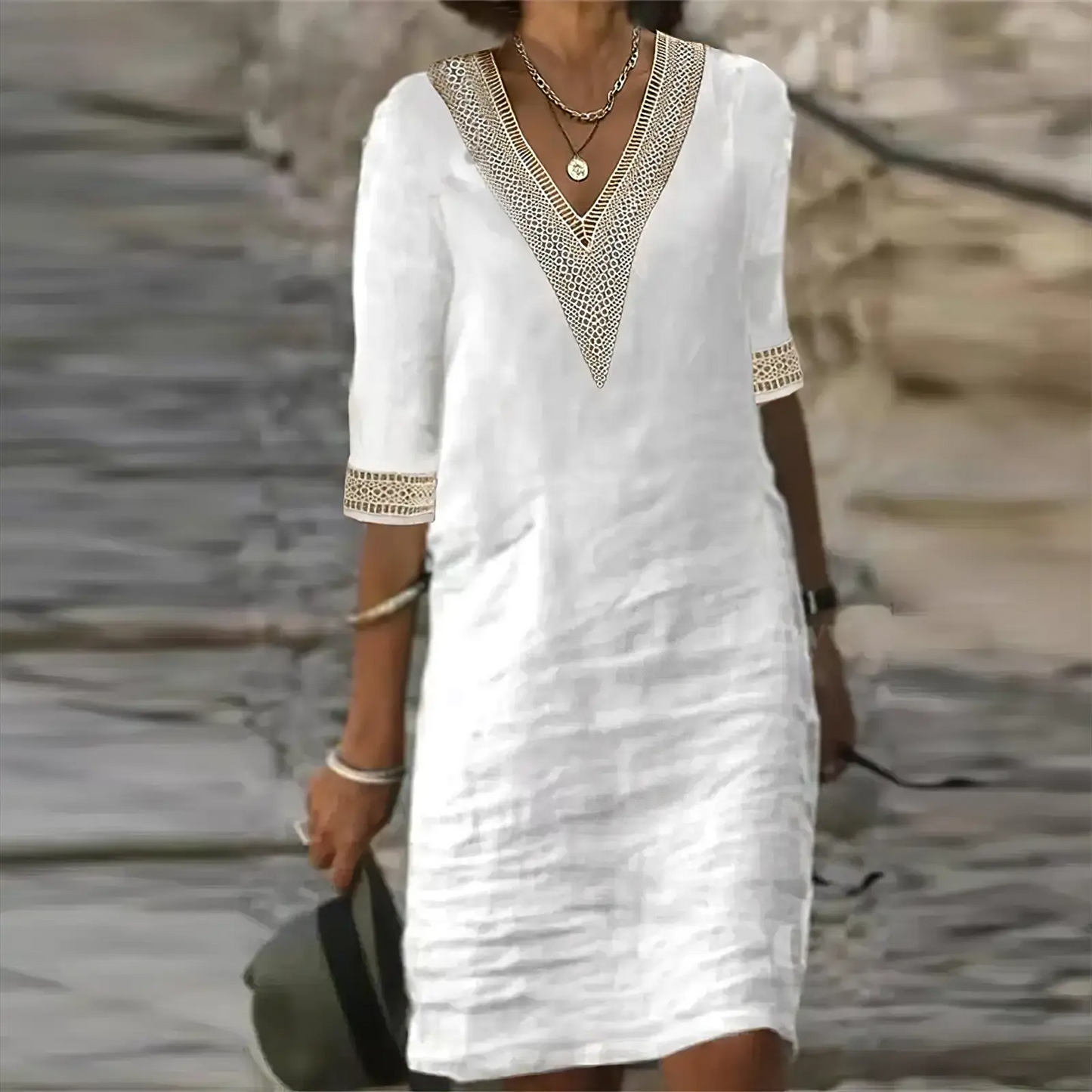Evie - Boho Women's Summer Dress with V-Neck and Crochet Trim