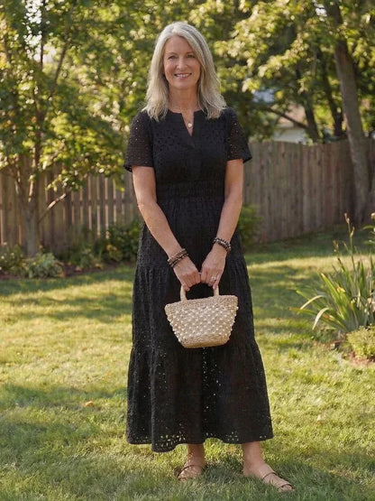 Evie - Boho Women's Summer Midi Dress with V-Neck and Eyelet Detail