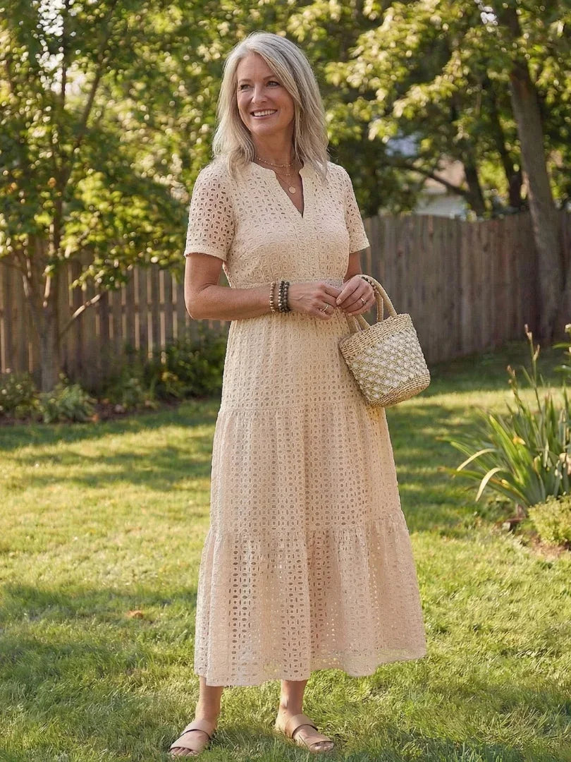 Evie - Boho Women's Summer Midi Dress with V-Neck and Eyelet Detail