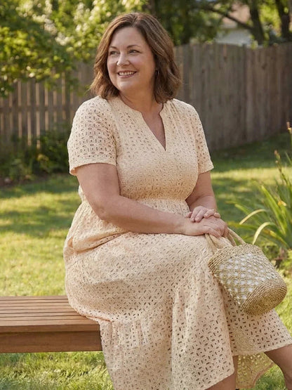Evie - Boho Women's Summer Midi Dress with V-Neck and Eyelet Detail
