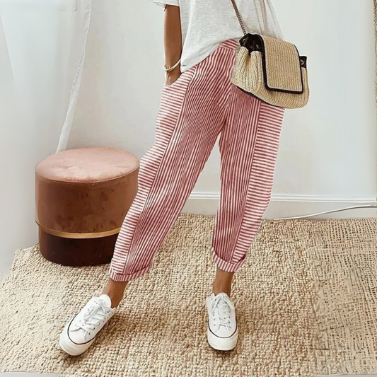 Evie - Casual Women's Linen Pants with Striped Print and Cuffed Tapered Leg