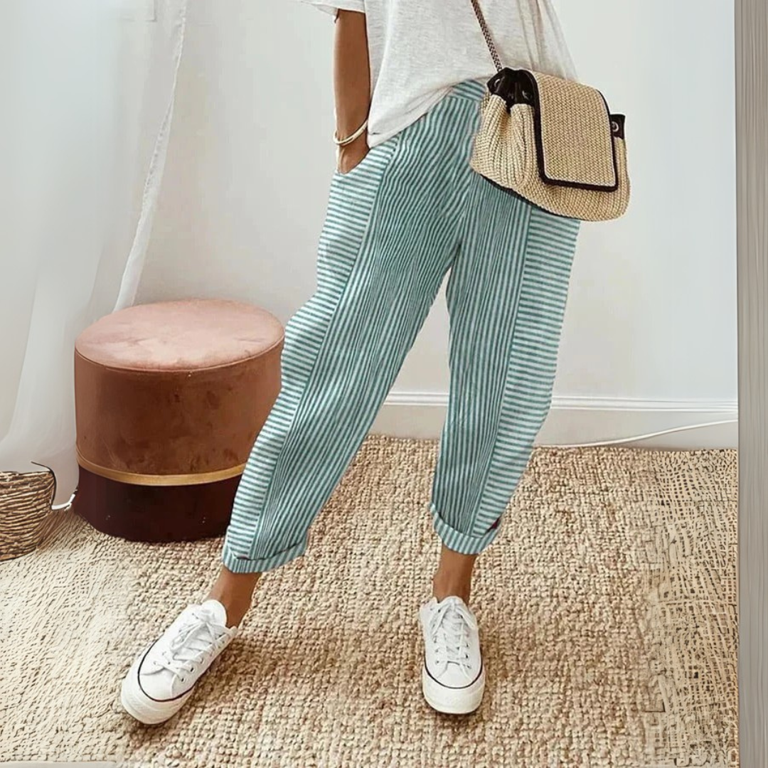 Evie - Casual Women's Linen Pants with Striped Print and Cuffed Tapered Leg