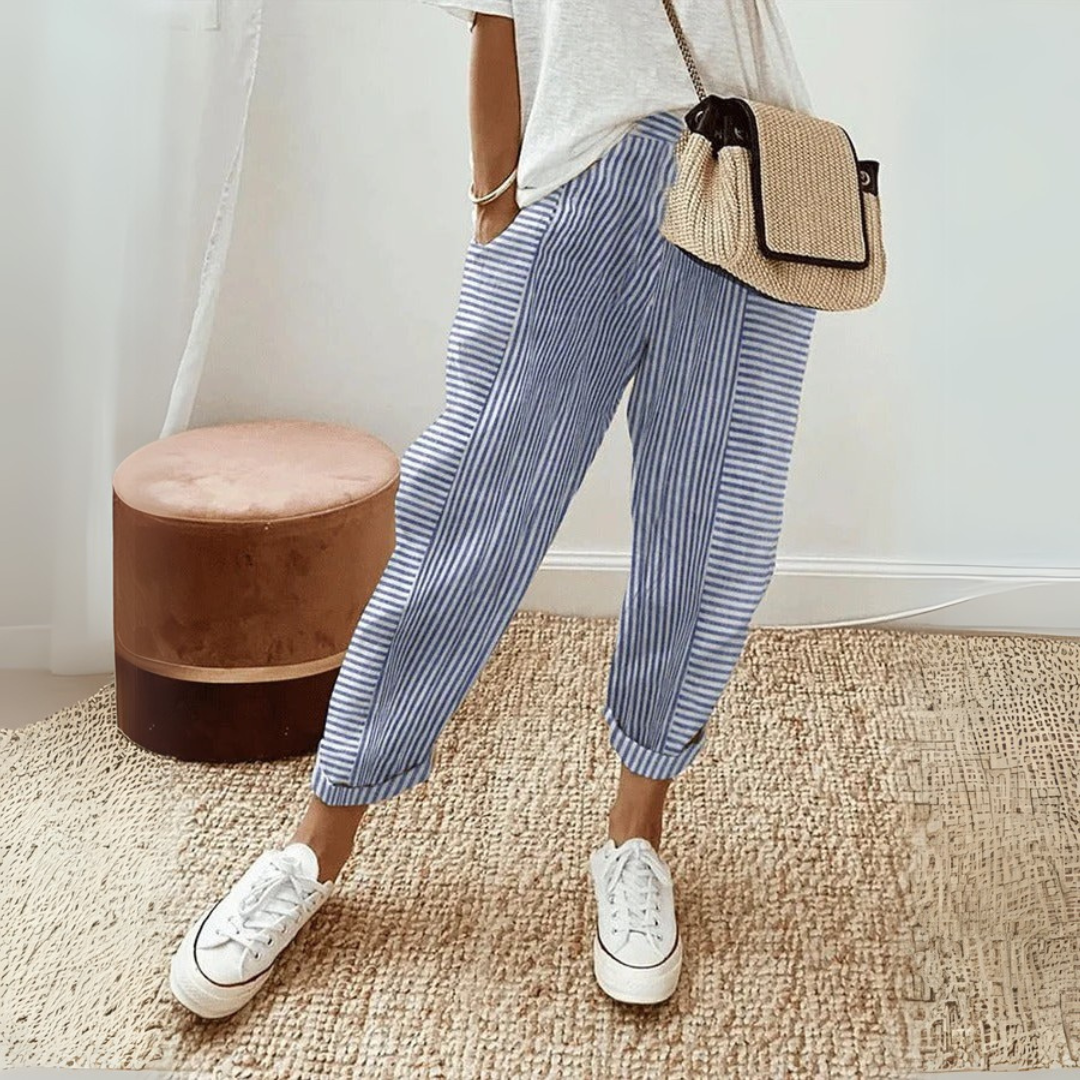 Evie - Casual Women's Linen Pants with Striped Print and Cuffed Tapered Leg