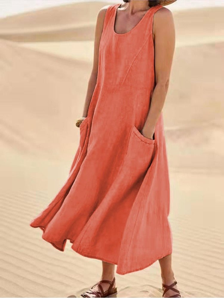 Evie - Relaxed Women's Maxi Summer Dress with Pockets and Sleeveless Design