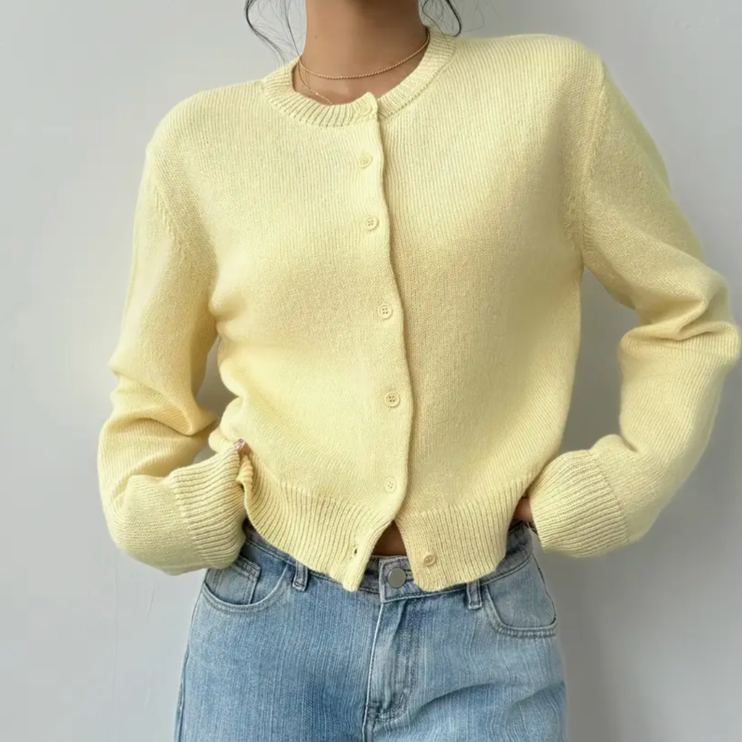 Evie - Women's Wool Style Cropped Cardigan for Autumn with Crew Neck Button Front