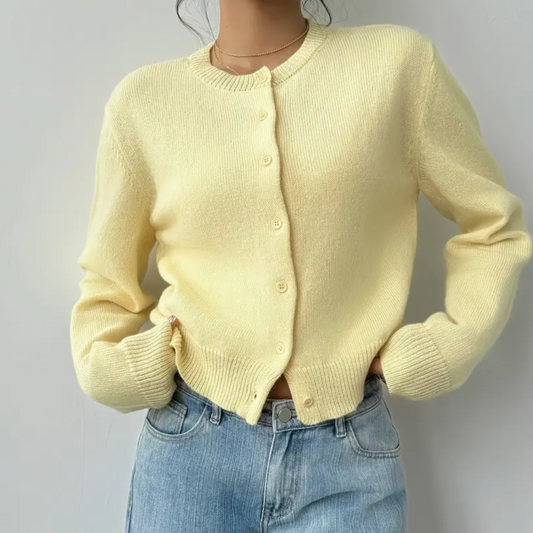 Evie - Women's Wool Style Cropped Cardigan for Autumn with Crew Neck Button Front
