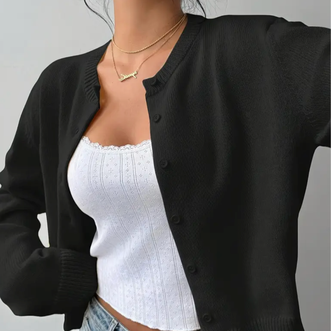 Evie - Women's Wool Style Cropped Cardigan for Autumn with Crew Neck Button Front