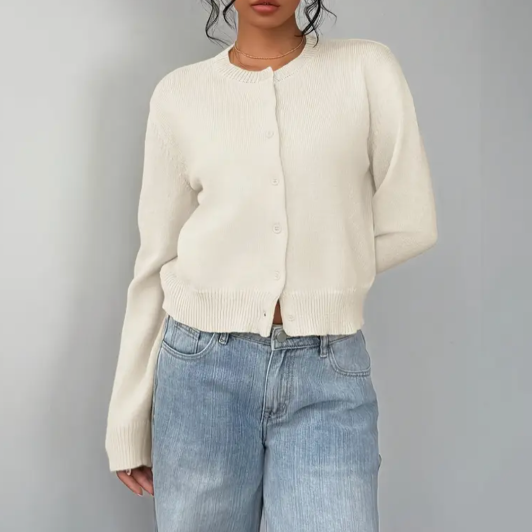Evie - Women's Wool Style Cropped Cardigan for Autumn with Crew Neck Button Front