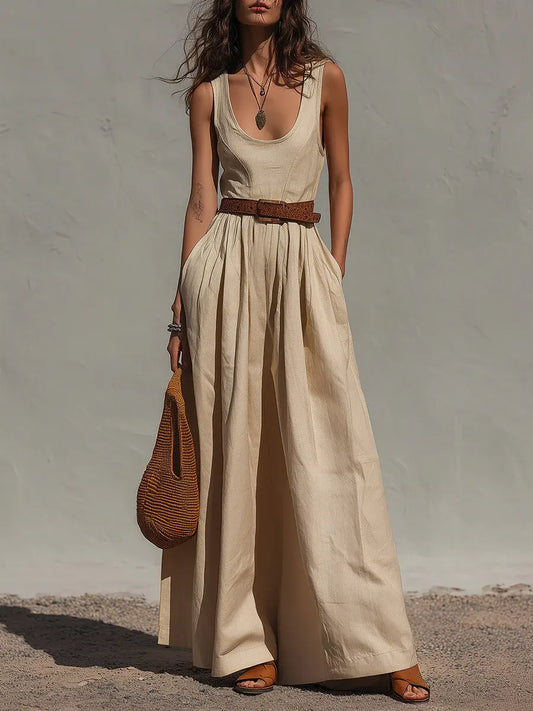 Faith - Vintage Women's Linen Jumpsuit with Belted Waist and Wide Legs