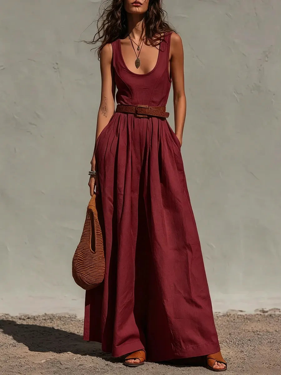 Faith - Vintage Women's Linen Jumpsuit with Belted Waist and Wide Legs