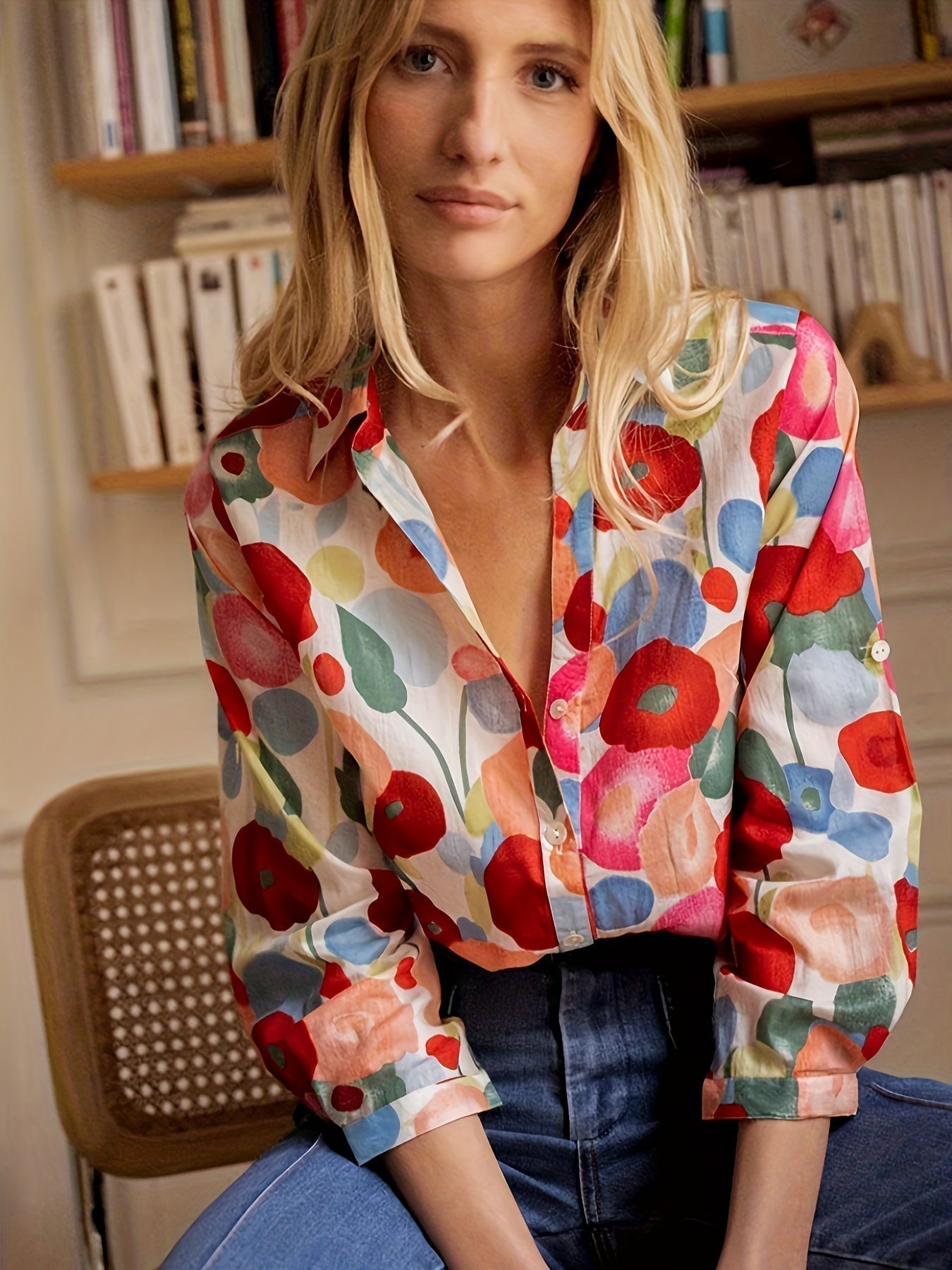 Florence - Boho Women's Linen Blouse with V-Neck Collar and Floral Print