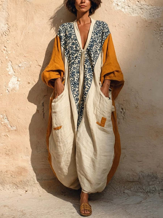 Florence - Boho Women's Linen Jumpsuit with Floral Trim and V-Neck
