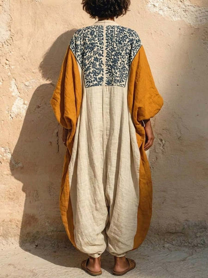Florence - Boho Women's Linen Jumpsuit with Floral Trim and V-Neck