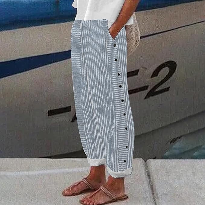 Florence - Casual Women's Linen Trousers with Side Button Detail and Wide Leg
