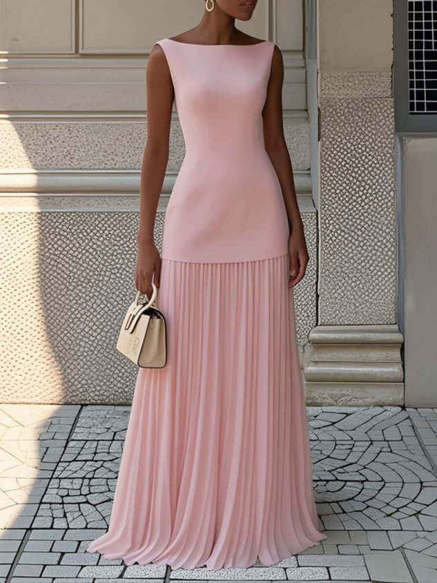 Florence - Chic Women's Wedding Guest Maxi Dress with Bateau Neck and Pleated Skirt