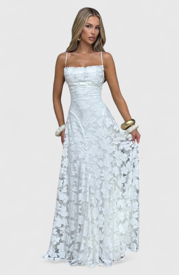 Florence - Elegant Women's Prom Maxi Dress with Square Neck and Lace Detail
