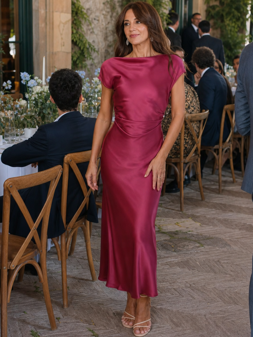 Florence - Formal Women's Wedding Guest Dress with Cap Sleeves and Ruched Waist