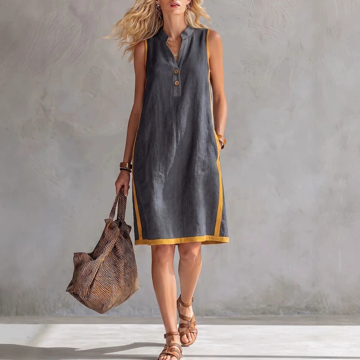 Florence - Preppy Women's Linen Midi Dress with Contrast Trim and Pockets