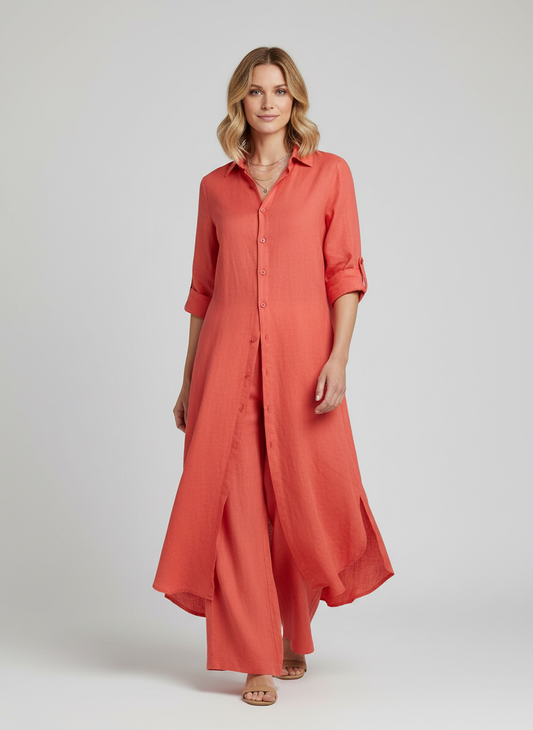 Florence - Smart Women's Linen Set with Longline Shirt and Wide-Leg Trousers